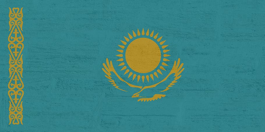 kazakhstan, flag, international, yellow, pattern, no people, HD wallpaper
