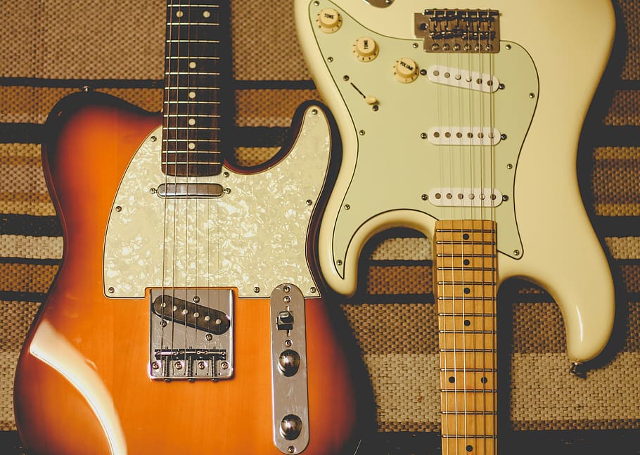 orange and white electric guitars, brown and white electric guitars HD wallpaper