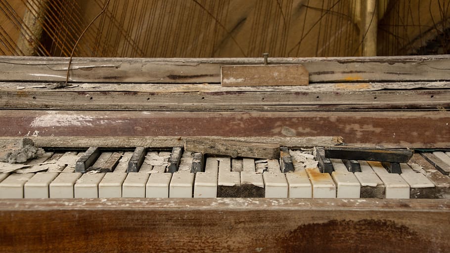 piano, broken, destroyed, old, music, instrument, dirty, aged