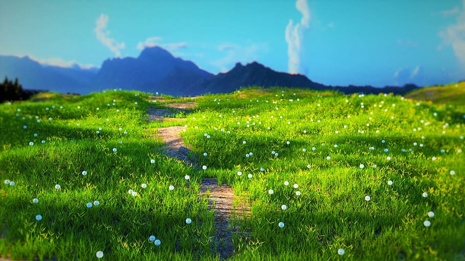 Mountain, Grass, Dandelion, 3D, nature, field, green color HD wallpaper