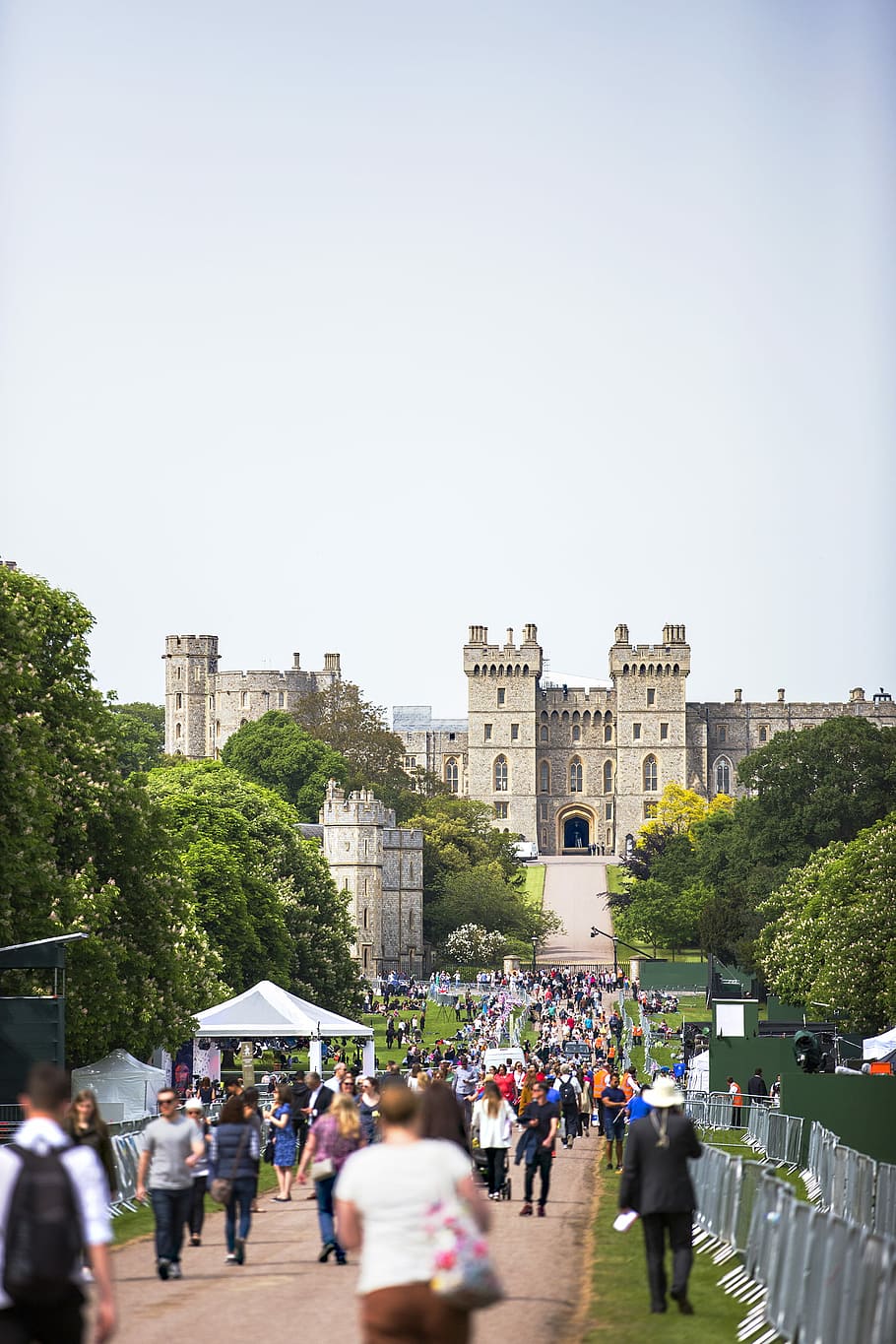 people walking in park, people walking towards beige castle, crowd HD wallpaper