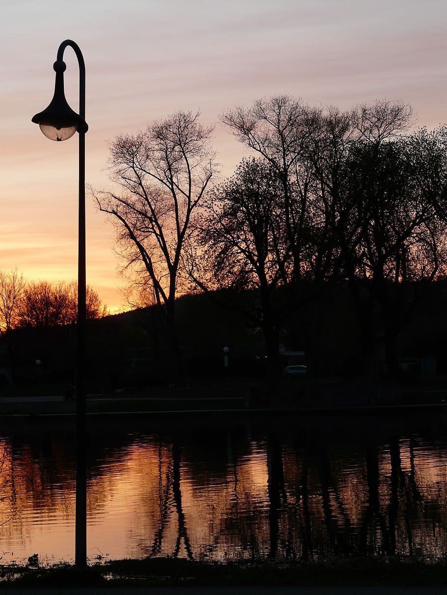 Lantern, River, Trees, abendstimmung, water, sunset, mirroring HD wallpaper