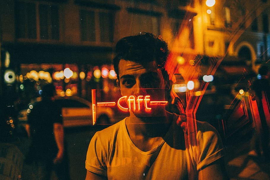 man looking on glass at nighttime, Coffeebreak, cafe, neon sign HD wallpaper