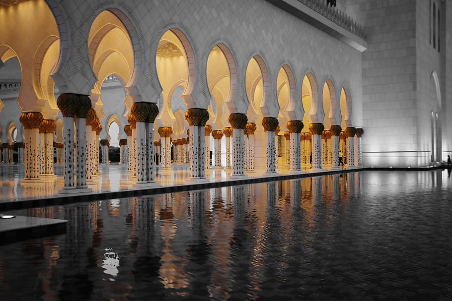 pool inside mansion, Sheikh Zayed Mosque, Abu Dhabi, Uae, arab, HD wallpaper