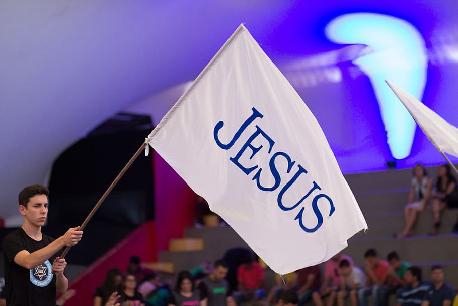 jesus, god, flag, group of people, crowd, women, protest, focus on foreground HD wallpaper