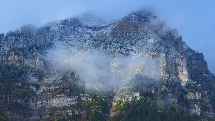 mountains, fog, snow, cloud, light, dark, landscape, outdoor HD wallpaper