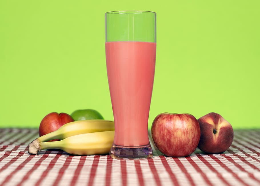red apple near banana and clear glass cup, fruit, smoothie HD wallpaper