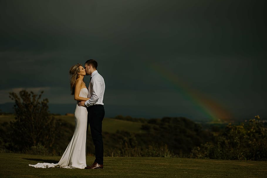 dramatic, wedding, dark, rainbow, love, couple, bride, groom HD wallpaper