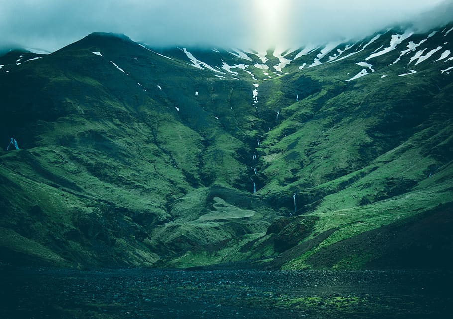 landscape photography of green grass mountains, highland, cloud HD wallpaper