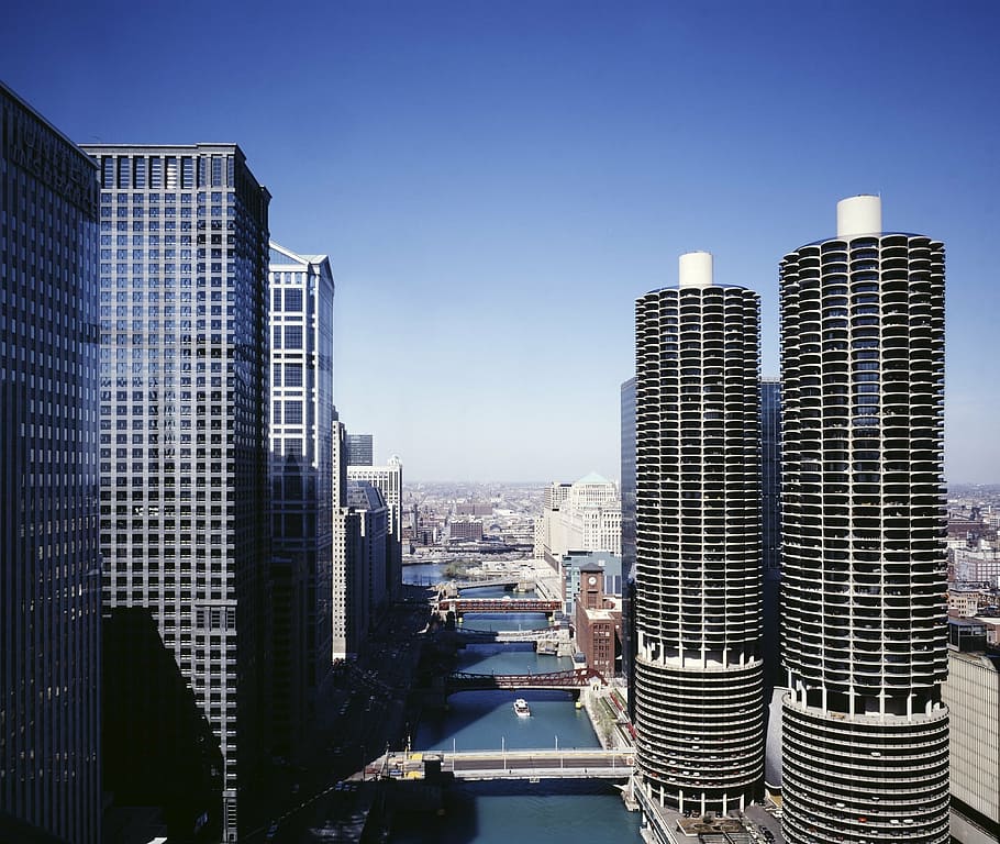 high rise buildings near body of water under blue sky, chicago HD wallpaper
