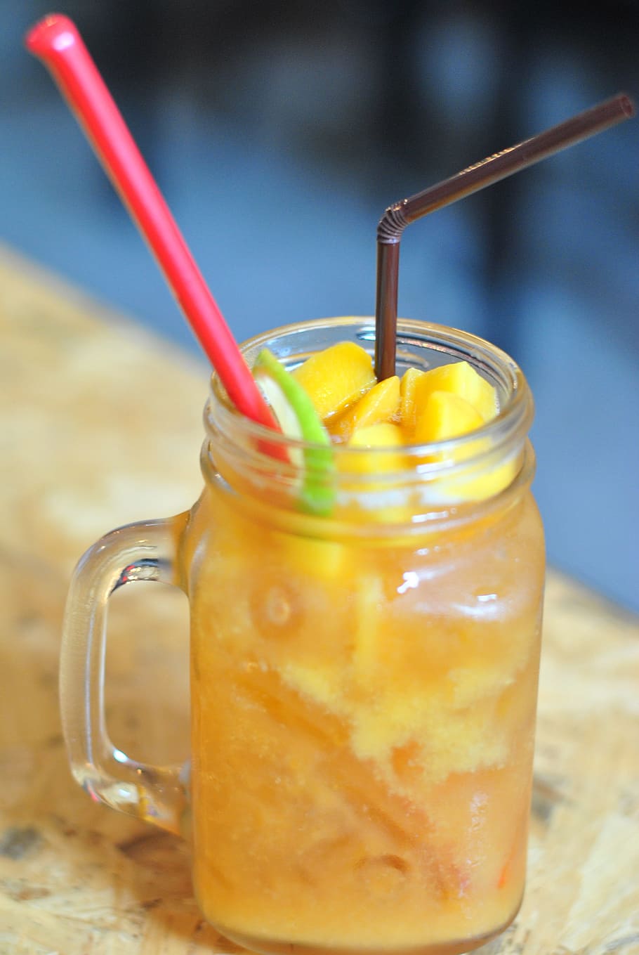 yellow juice in glass mason jar, mango juice, fruit juice, food, HD wallpaper