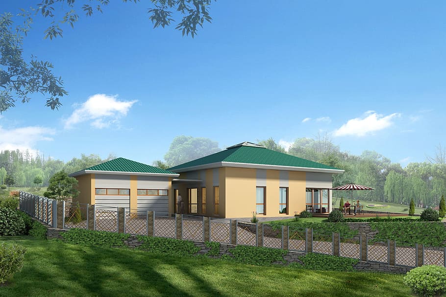beige and blue residence house, single family home, villa, rendering HD wallpaper