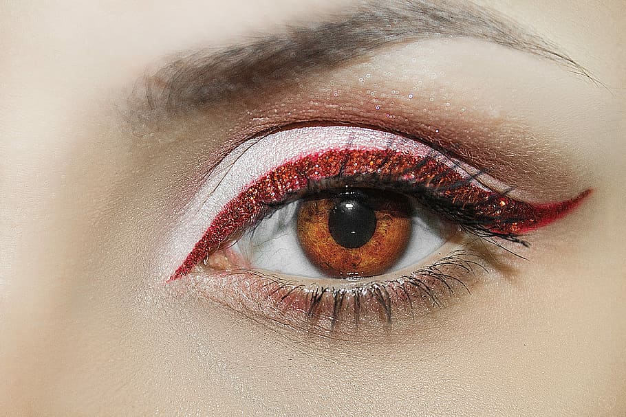 woman with red eyeshadow, eyelash, eyeball, person, eyebrow, mascara, HD wallpaper