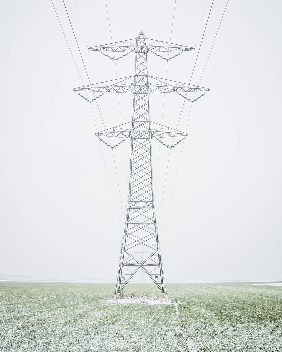 gray metal electricity tower, low angel view of transmission tower HD wallpaper