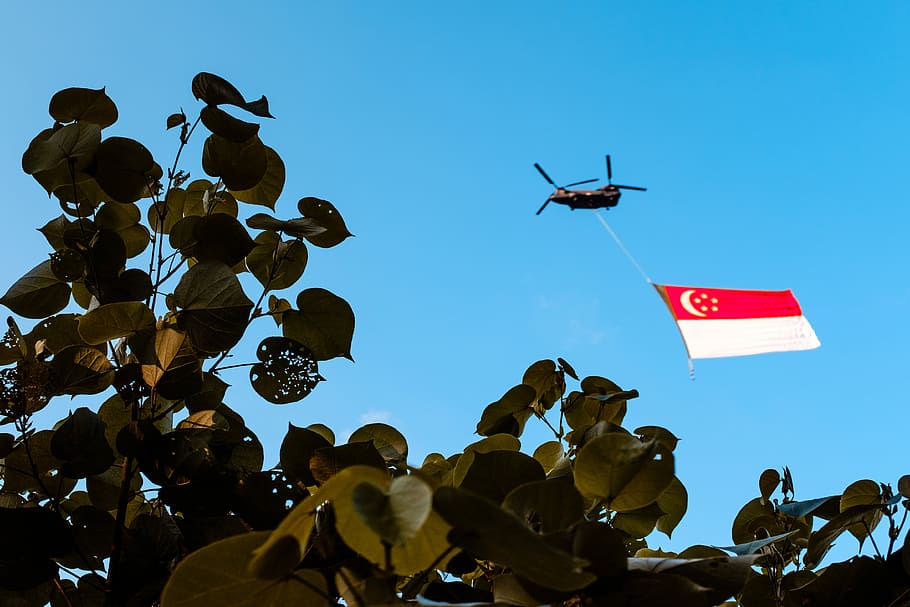 flying Chinook helicopter hauling red and white flag, blue, sky, HD wallpaper