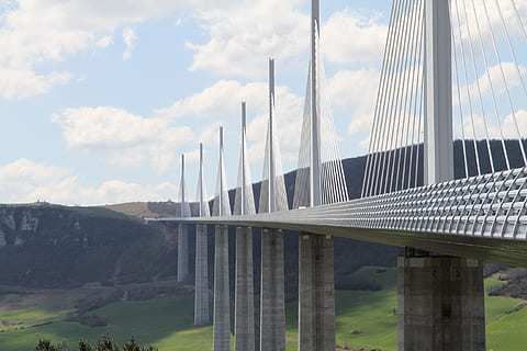 white steel and concrete bridge in landscape photography, clouds HD wallpaper