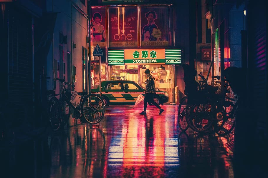 woman walking on pathway during nighttime, japan, osaka, asia, HD wallpaper