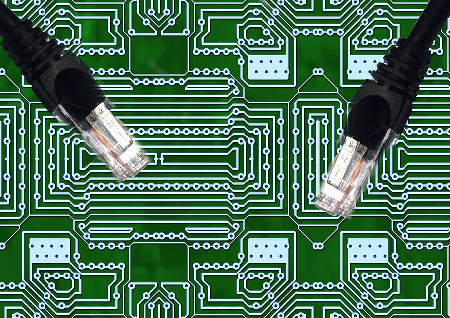black ethernet cable and green circuit board, plug, electronics HD wallpaper