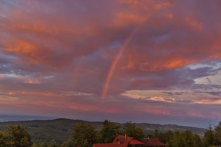 sky, clouds, rainbow, landscape, nature, cloud - sky, scenics - nature HD wallpaper