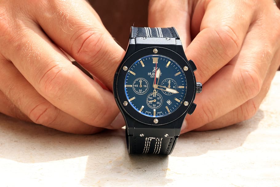 blue and black chronograph watch with leather band, male, wrist watch, HD wallpaper