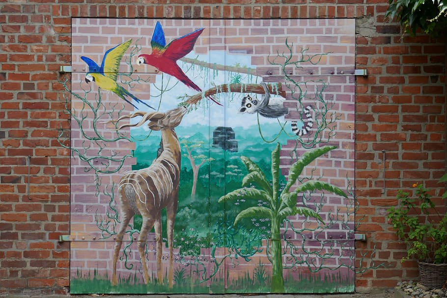 mural, hauswand, türgemälde, fantasy image, parrots, naive art