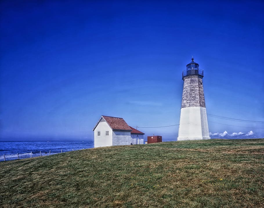 white lighthouse, point judith light, architecture, sky, sea HD wallpaper
