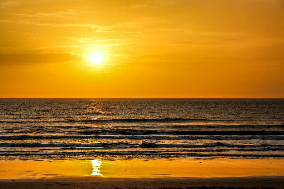 beach, sunset, orange sky, evening, sea, nature, orange Color HD wallpaper