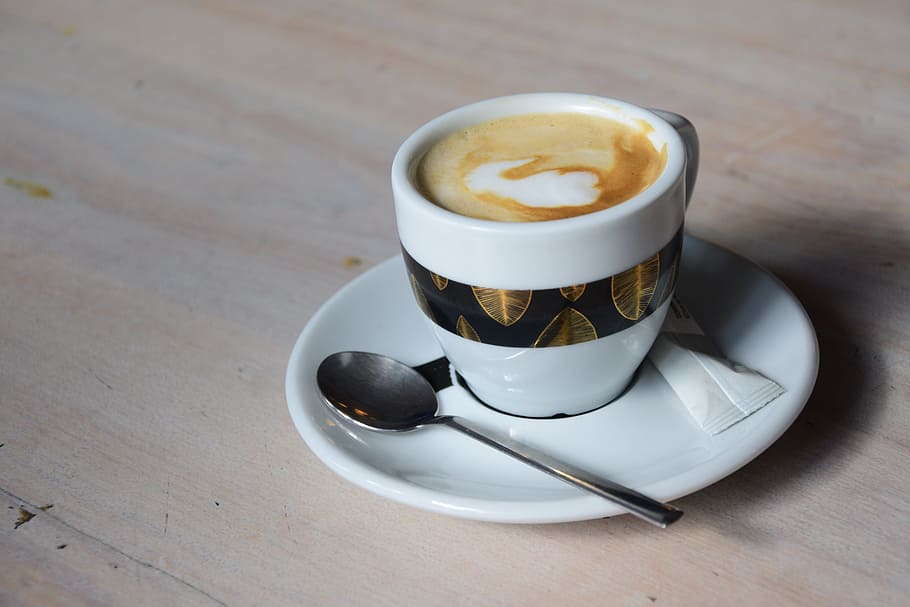 white and black espresso cup and saucer with teaspoon, coffee HD wallpaper