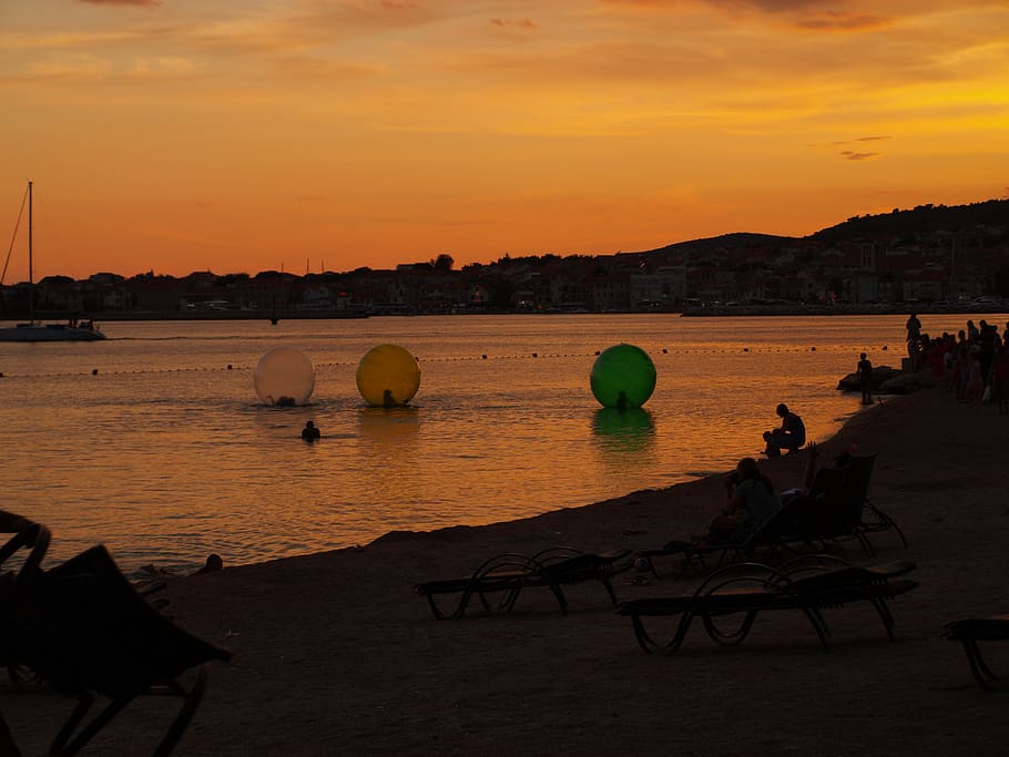 croatia, vodice, sunset, water, sky, orange color, land, beach HD wallpaper