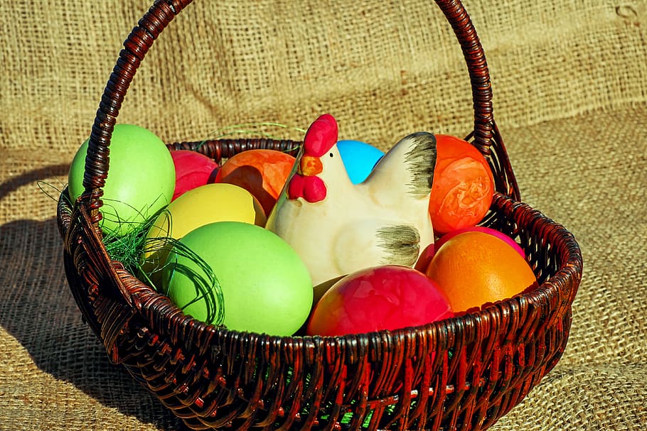 assorted-color eggs in brown basket, easter theme, figure, chicken HD wallpaper