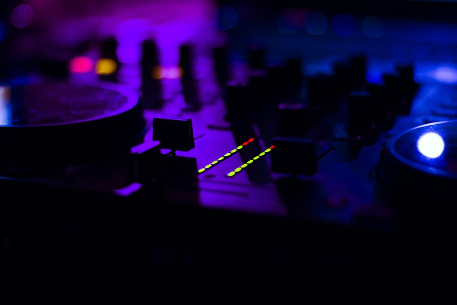 tilt-shift photography of dj controller, club, party, mixer, equipment