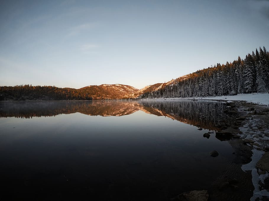 sunset, fall, winter, forest, nature, cold, water, reflection HD wallpaper