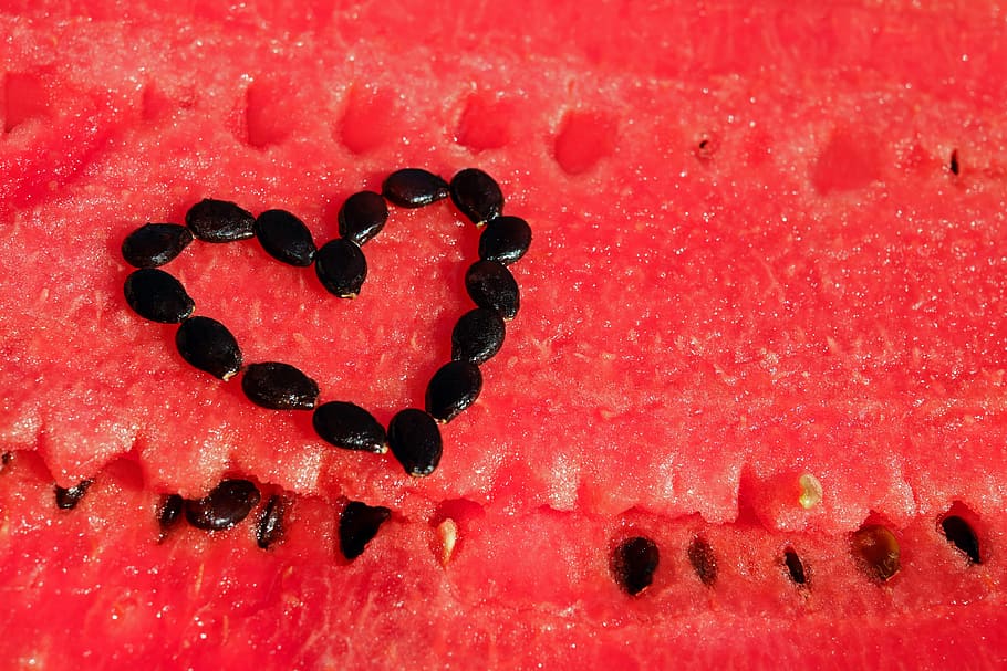 closeup photo of heart-shaped water melon seed, watermelon, fruit, HD wallpaper