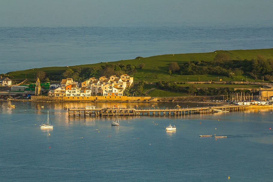 swanage bay, ocean, seascape, water, architecture, built structure, HD wallpaper