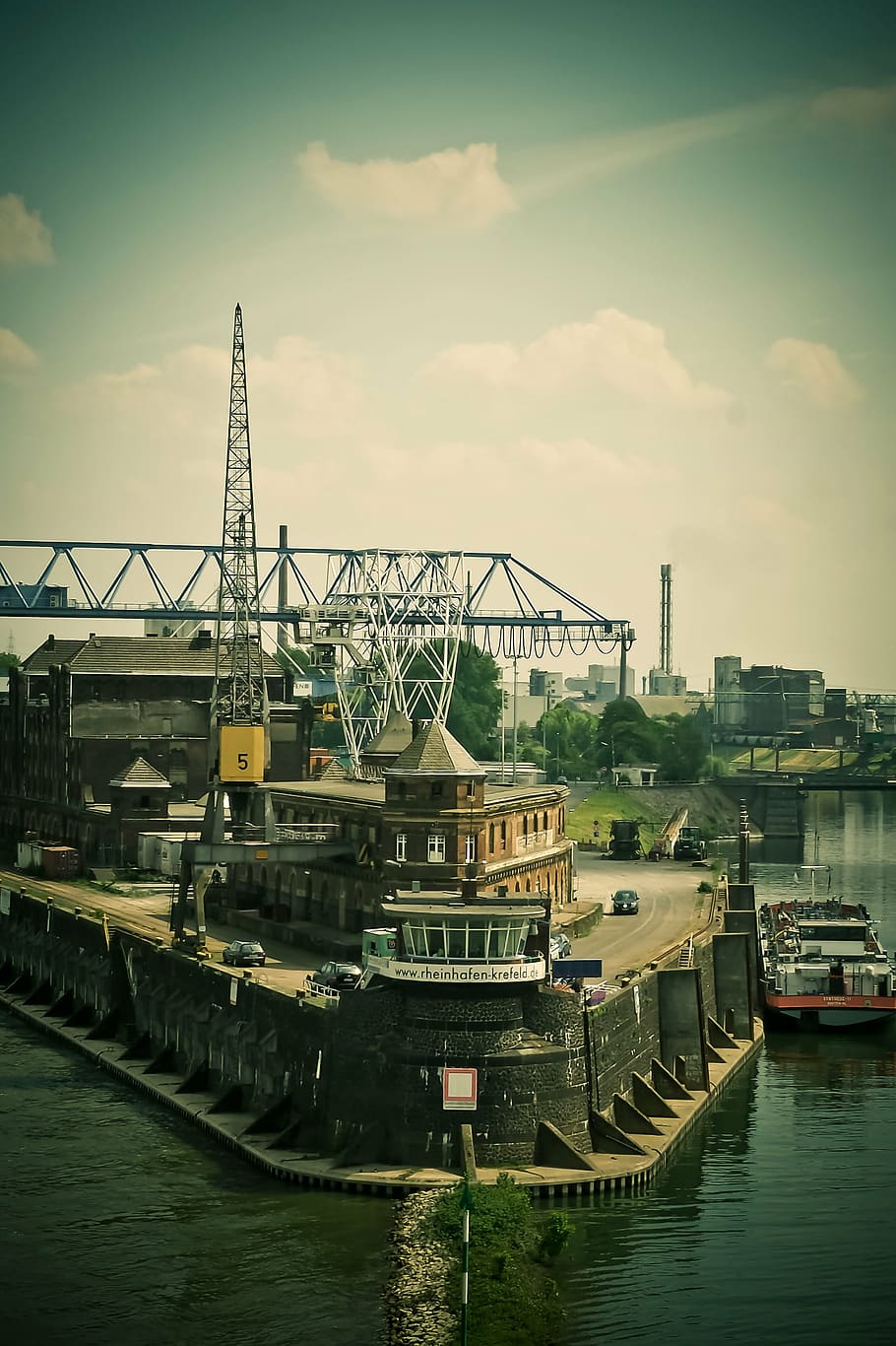 port, inland port, water, crane, ship, rhine, cargo, harbour cranes, HD wallpaper