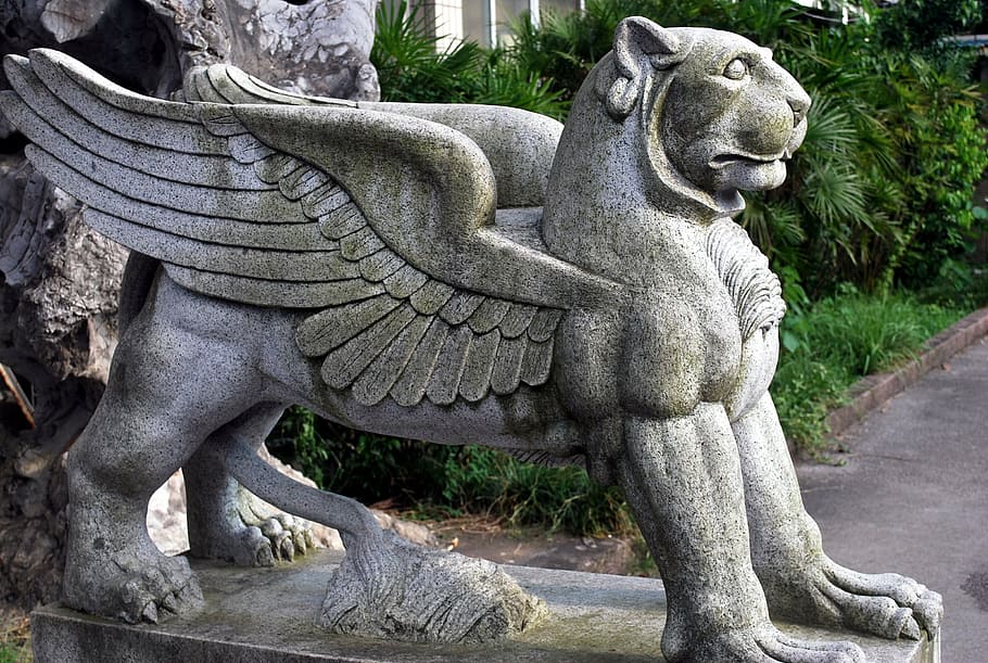 statue, mythology, creature, bird, lion, animal, sculpture HD wallpaper