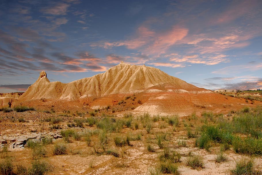 bardenas, spain, sky, clouds, desert, pink, landscape, beauty in nature, HD wallpaper