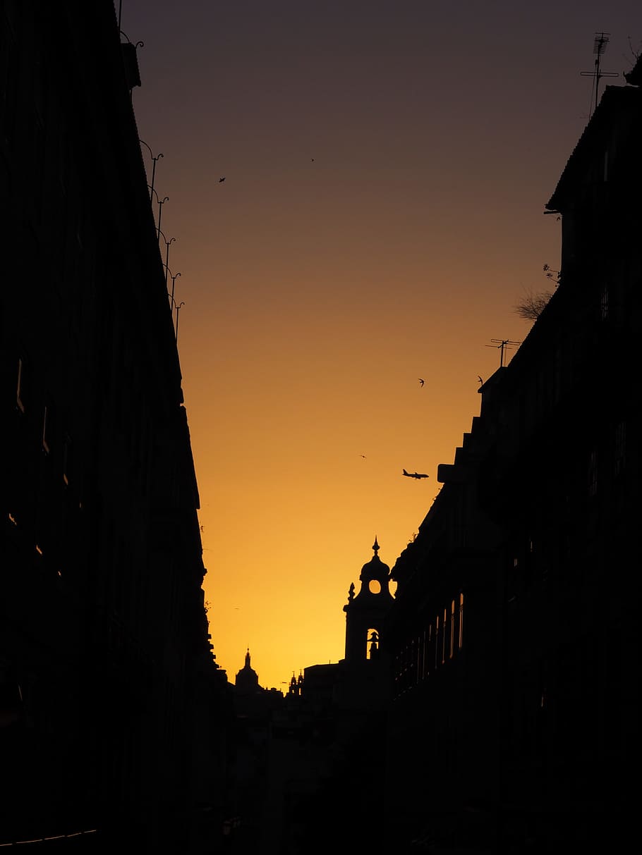 lisbon, sunset, night, profile, sky, architecture, building exterior HD wallpaper