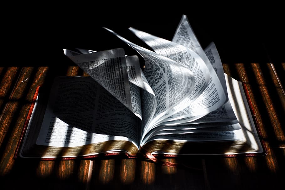 close photo of an open book on brown wooden table top, dark, black Color HD wallpaper