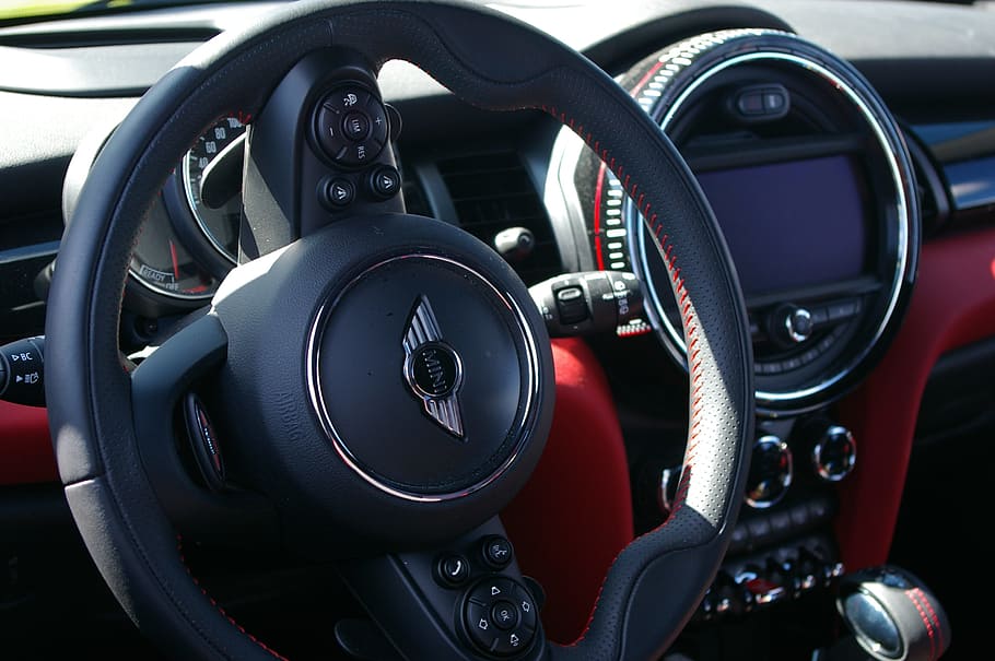 black Mini Cooper steering wheel, minicooper, car, interior design HD wallpaper