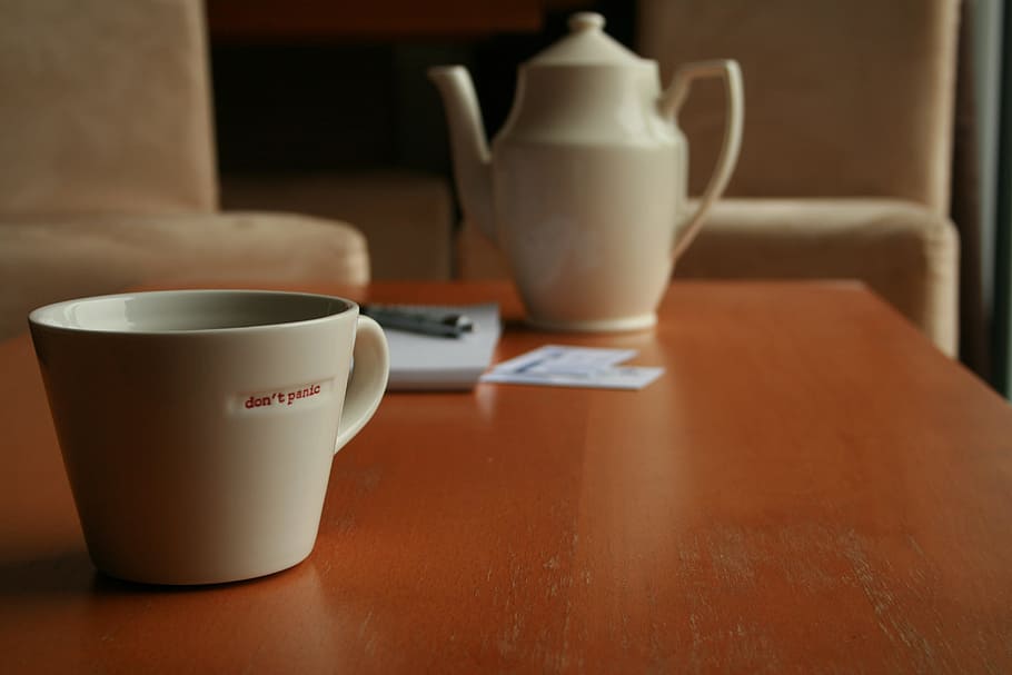 Coffee Time, Coffee Pot, Mug, Cup, don't panic, table top, browns