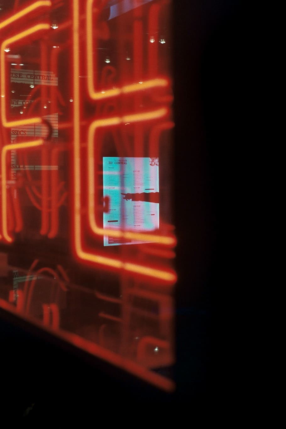 neon signage, through window, point, screen, neon light, cinema HD wallpaper
