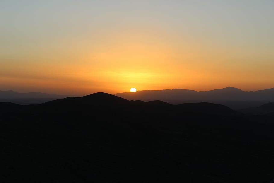 sunset, mountains, sky, orange, nature, silhouette, beauty in nature HD wallpaper