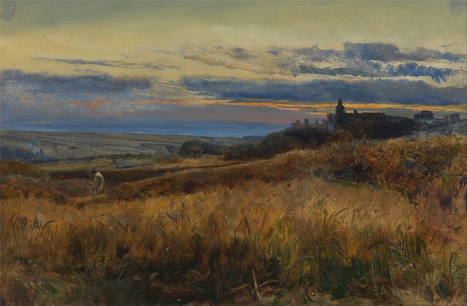 man standing on brown tall grass painting, john inchbold, oil on canvas