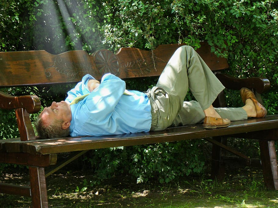 man lying on brown wooden bench, rest, serenity, recreation HD wallpaper