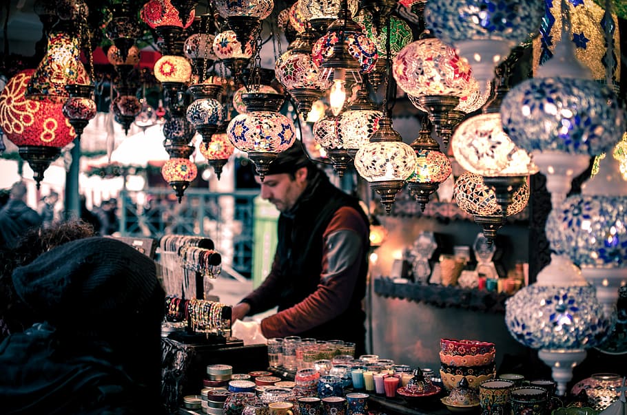 man in lamp store, market, cultures, souvenir, people, bazaar HD wallpaper