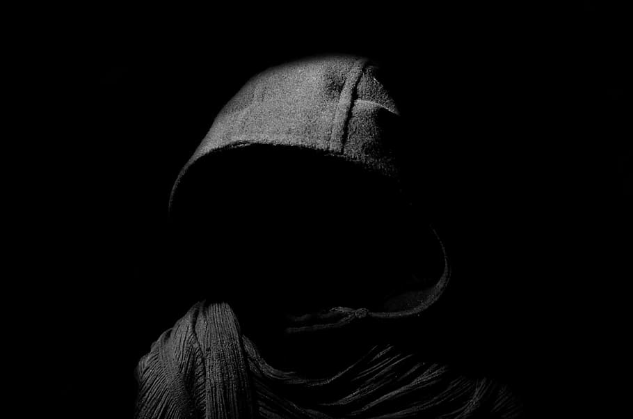 person wearing gray hoodie inside dark room, death, darkness