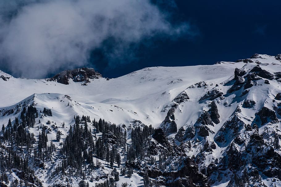 snow, winter, cold, mountain, cliff, rocks, trees, nature, sky HD wallpaper