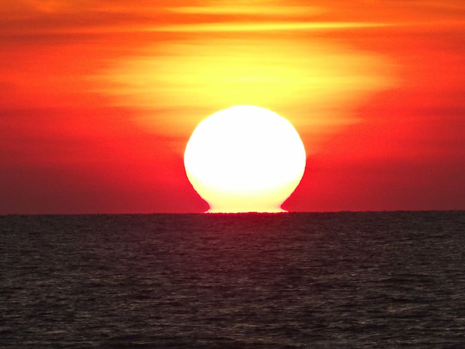 body of water, sol, sunset, mar, red, landscape, sky, horizon HD wallpaper