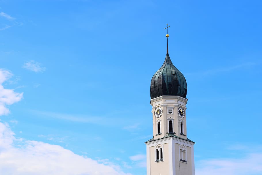 steeple, sky, church, clouds, blue, building, religion, faith HD wallpaper